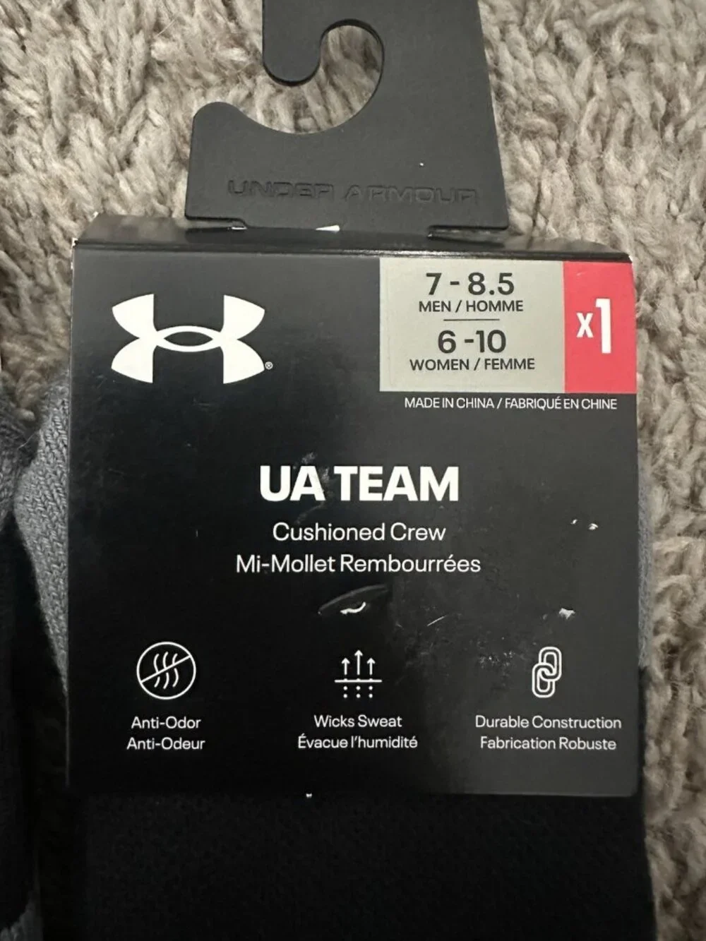 Under Armour Socks Black Crew Polyester Mid Cushion Unisex Men’s 7.5-8/Wms 6-10